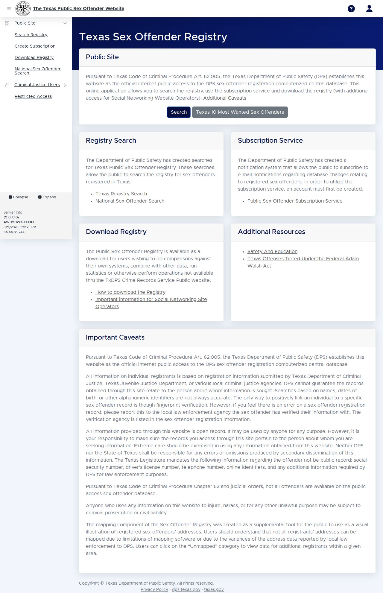 Upshur County sex offender check information on the Texas DPS registry home page