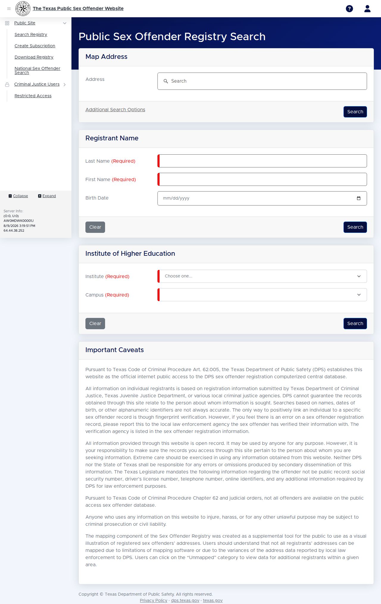 Upshur County sex offender registry search fields on the Texas DPS portal