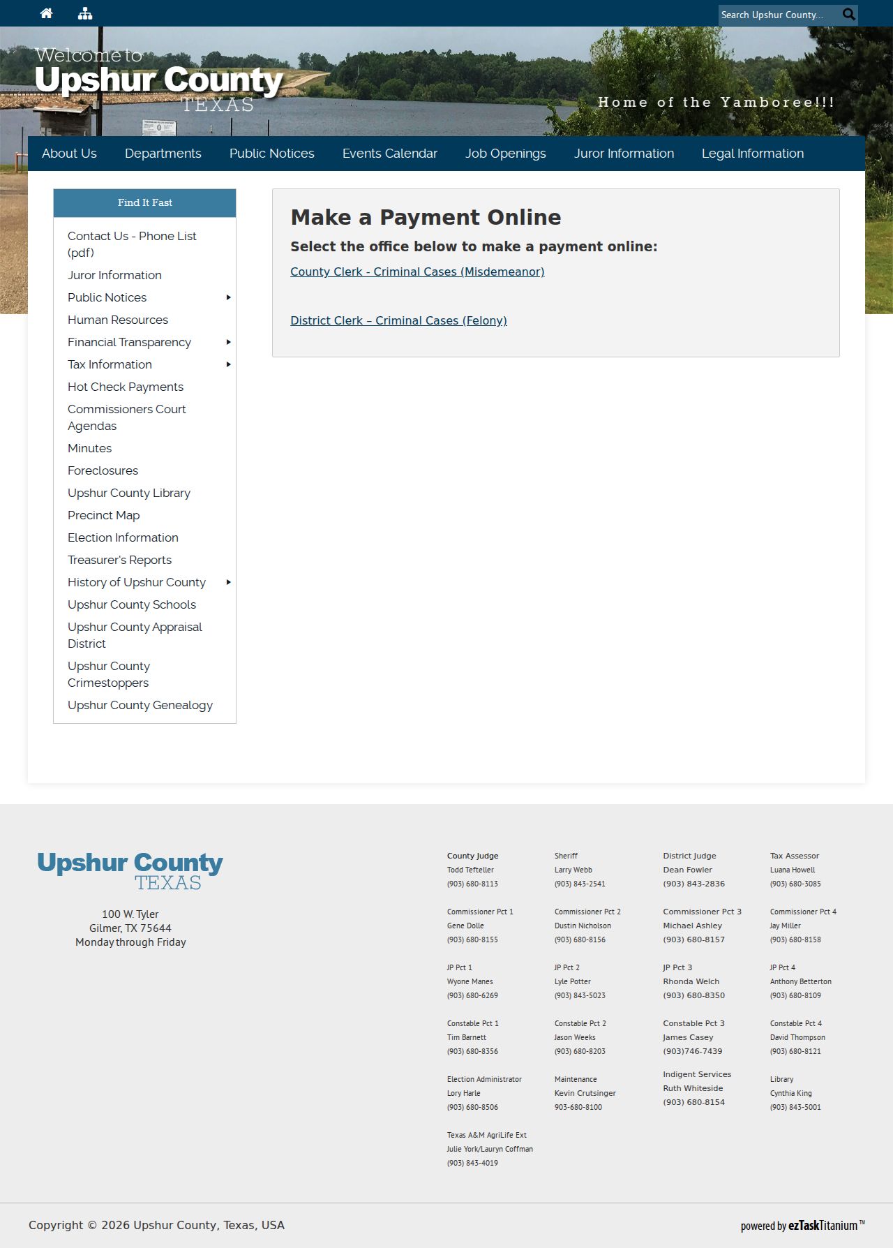 Upshur County criminal case payment routes for felony and misdemeanor records
